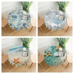 Table Cloth 1PC Summer Coastal Tablecloth 60 Inch Round Waterproof Rustic Blue Ocean Coral Starfish Seashell Print Cloths Fabric Far