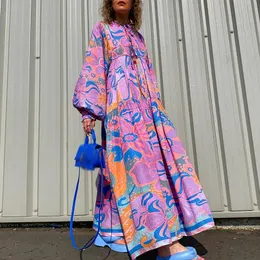 Women Boho Blumengedruckte Schnüre-up Maxi Kleid Casual Vintage Lanternärmel Lose A-Line-Kleid Herbst Fashion Holiday Plised Dress 240424