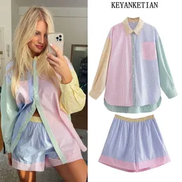 Keyanketian Womens Fashion Hit Color Print Print Top Ladies Butted Butted Disual Shirt Summer 240429