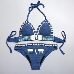 Nya Bohemian Women's Halter Weave Crochet Swimsuit Tankinis Bikini Set Shells Pärlade stickade Bikinis Beach Wear Badkläder Baddräkt C2951 267N