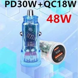 Quick Charge Car Charger USB C Type-C QC3.0 18W+PD30W Прозрачная оболочка быстрая зарядка со светодиодной лампой для iPhone Samsung LG Fast Charge Universal Mobile Phone Зарядка