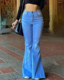 Jeans feminino de cintura alta impressão de borboleta bootcut chic jeans casual moda de verão estilo de forma diária mulher longa mulher