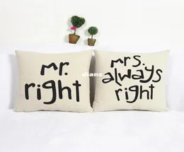 인기있는 재미있는 Mr Right Mrs Al Ways Right Print Blend Cotton Linen Pillow Case Bed Sofa Coishion Cover Home Accessories4967686
