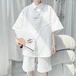 Herren -Tracksanzusen verbesserte chinesische Stil Männer Sommerpersönlichkeit Kurzarm Shirt Shorts Anzug Stilvoller Metallscheibenschnallen lose Viertelhosen
