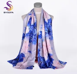 Шарфы Bysifa китайский стиль синий розовый пиони шелковой шарф шарф самка элегантные длинные платки Обертывание осени зимы теплые 17550см6461452