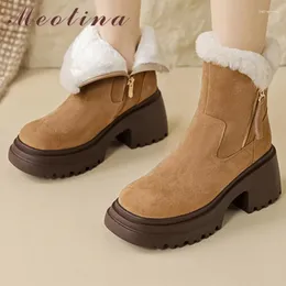 Botas meotina feminino de couro genuíno tornozelo curto de dedo redondo bloqueio de salto alto zíper neve lã Sapatos de moda de moda inverno