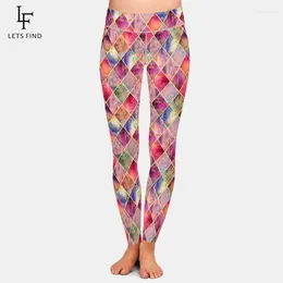 Kvinnors leggings Letsfind S Women High midja Legging Geometric Plaid Printing Slim Elasticity Fitness Kvinnliga byxor