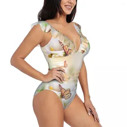 Momento de banho feminina Sexy One Piece Push Up Roses Calla Lilies Butterfly Mulheres traje o traje de banho Monokini Monokini