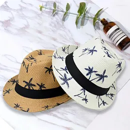 Berets Fashion Top Hat Men's Small Brimmed Straw Jazz Summer Grass Woven Sun Shading Coconut Tree Printed Beach Headwea