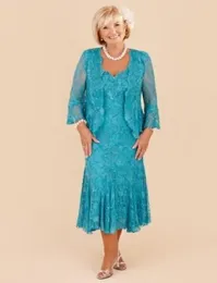 Mor off Bride Dresses V Neck Turquoise Full spets Långärmare TEA Längd Mantel Plus Size Prom Party Mother039s Dresses Jack6742295