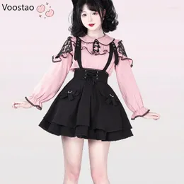 Work Dresses Kawaii Lolita Style Skirt Set Y2k Japanese Women Sweet Lace Ruffles Long Sleeve Blouses Short Suspender Suit Korean Sets