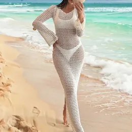 Temel gündelik elbiseler tığ işi maxi elbise sırtsız uzun kollu yarı şeffaf açık örgü uzun elbise kapağı kadın yaz tatili plaj giyim q240430