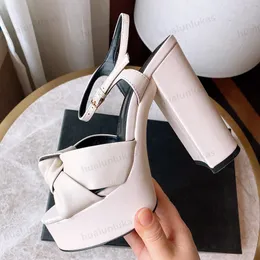 Platå Sheepskin Platform Sandaler Ankle Strap Block Heel Sandal13cm Women Luxury Designer Super High-Heeled Pumpar Läder Evening Party Wedding Shoes Storlek 35-41