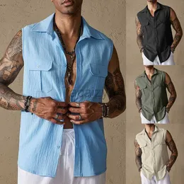 Camisetas masculinas 2024 Verão Novo Design de bolso de cor sólidos de cor masculina Moda casual de manga curta Camisa de botão de colar