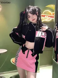 Spring Autunno Harajuku Moto Biker Baseball Uniform Jackets Set Women Sweet Y2K Mini Gonne Girly Girly 2 pezzi Set 240504