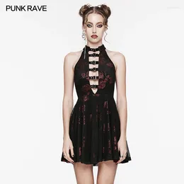 Lässige Kleider Punk Rave Damen Gothic Velvet Blumen und elastisches Mesh Rosendruckkleid täglich sexy sexy V-Ausschnitt Ärmellose A-Line-Mini-Sommer