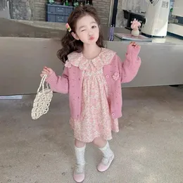 Clothing Sets 2024 Korea Baby Girls Flower Set Sweaters Jackets Dress Spring Autumn Winter Outfits Kids Children 2pc Knit Clothes
