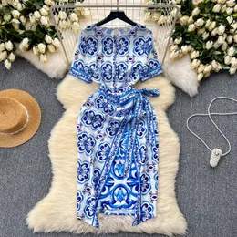 Mulheres vestidos casuais pista de verão azul e branco vestido de porcelana feminina butões de manga curta feminina estampa de flores praia mini vestidos 2024