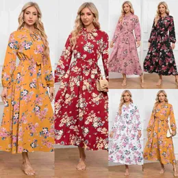 Vestidos casuais básicos Slim Fit Temperament Temperamento Lanterna de lanterna feminina Standing Standing Lace Floral Salia Vestido de comprimento médio Plus Tamanho