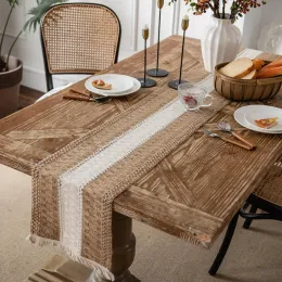 Pads Hand Woven Jute Natural Linen Table Runner with Tassels Rustic Country Wedding Birthday Christmas Decoration for Home Table 2023