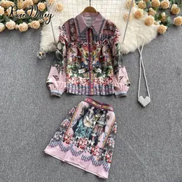 Рабочие платья Roseiary Fashion Runway Midi Skirt Sets Женская винтажная длинная рукава с цветочным рубашкой для печати цветочного припечатка и костюм с двумя кусочками