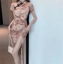 Casual Dresses Chinese Cheongsam Summer High Slim Elegant Flower Long Maxi Dress Sexy Korean Fashion Women Y2k Clothing 2024 Robe