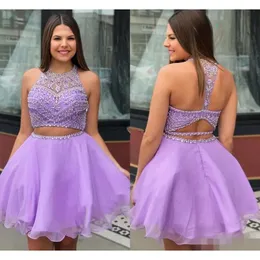 Lavender Two Cute Homecoming Jewel Dresses Piece Neck Beaded A Line Backless Custom Made Hollow Graduation Party Gowns