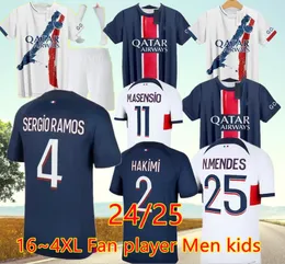 24 25 Achraf Hakimi Soccer Maglie kit per bambini 23/24 Versione del giocatore allenamento pre -match 2023 2024 Maglia Paris Away Shirt da calcio Hakimi Fabian Vitinha O Dembele