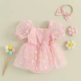 Girl's Dresses Infant Baby Girls Romper Dress Patchwork 3D Flower Lace Puff Sleeve Jumpsuit Headband Cute Fashion Summer Clothes