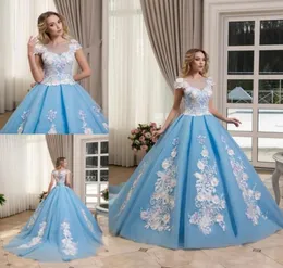 Princess Ball Gown Prom Dresses 2018 Light Blue Sheer Neck Lace Appriqued Flower Evening Flower Evening Gowns 빈티지 공식 대회 드레스 2806109