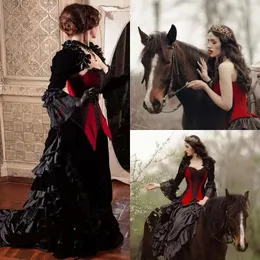 Mit gotischen Kleidern und Vintage schwarze rote Jacke 2021 Lange Julia -Ärmel Spitzen Rüschen Korsett Rücken Sweed Zug Hochzeitskleid Vestidos