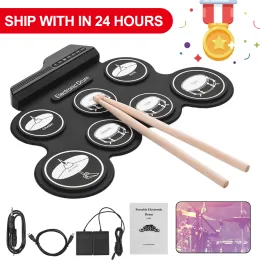 Instrument Folding Music Drums Hand Roll USB Electronic Silicon Drum Portable Practice Drums Kit 7Pad Kit With Drumsticks Sustain Pedal