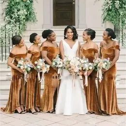 Brown Slit Dresses Side Bridesmaid Vintage Mermaid Veet Custom Made Plus Size Maid Of Honor Gown Country Beach Wedding Party Wear Floor Length Vestidos