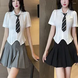 Bras Sets Sexy Spicy Girl Cute Sweet Fashion Short Sleeve Shirt Women College Slim Bowtie Bandage Blouse JK Top School Uniform