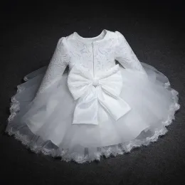 Kleider Baby Girls Langarm Kleider für Party Hochzeitsspitze große Bogenkleider Kleinkind Mädchen 1. Geburtstag Prinzessin weiße Taufe Kleid