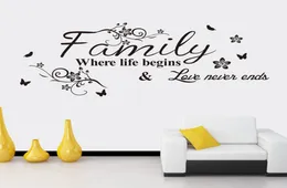 Black Flower Family Where Life Begins Love Never Ends Wall Citat Decal Sticker English Say Flower Rattan Art Mural Living Room 9483365