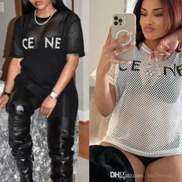 Marca de luxo feminino camisetas malha hole designer letra de tecido impresso Topo de manga curta preta e branca de preto e branco