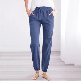 Calça feminina feminina feminina moda cintura de perna larga calça longa com bolsos de cor sólida casual solto de cordão ajustado