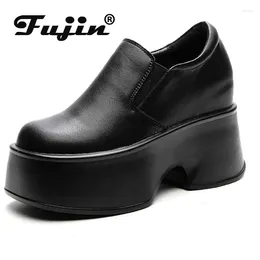 Casual Shoes Fujin 11cm Cow Genuine Leather Slip On Mules Females Moccasine Ethnic Manual Platform Wedge Winter Women Round Toe Leisure