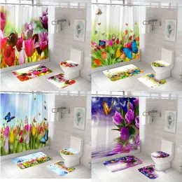 Шторы тюльпаны цветы печать душ занавеска бабочка цветочные шторы ванной комнаты с антиплате