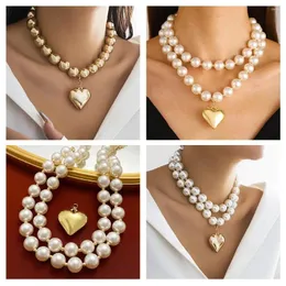 Chains Big Heart Pendant Fashion Punk Style Large Round Bead Adjustable Pearl Chain Love Necklaces For Women Girls Gold Color X8U3
