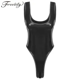 Ternos femininos uma peça u pescoço sem gripless patente lingerie lingerie molhada look alto corte de gato de macacão sem costas