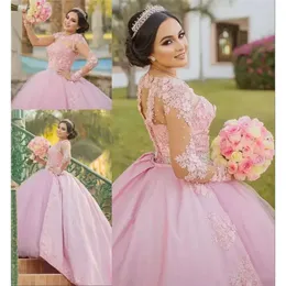 Quinceanera Sleeves Pink Dresses Long Lace Applique Beaded Tulle Satin Sequins Jewell Neckline Sweet 16 Pageant Princess Ball Gown Vestido