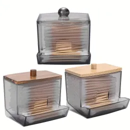 SET Porta di tampone di cotone acrilico con coperchio di bambù Contenitori per distributore trasparente Canister Porta di tampone di cotone Accessori per il bagno