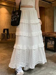 Skirts Benuynffy Heavy Industry Embroidery White Lace Long Women Spring Summer Elastic Waist Ruffle Trim Cake A-line Skirt Girls