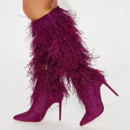 Boots Plum Faux Ostrich Feather Pointed Toe Stiletto Heel Knee-High Fashion Cool Girl Autumn Casual Shoes Sexy Arrival