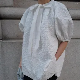 بلوزات نسائية واكوتا صلبة اللون فضفاضة أعلى من الدانتيل الياباني حتى القوس الحلو Camisa Feminina 2024 قميص فانوس خمر الربيع