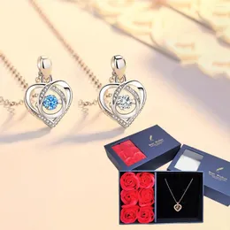Jewelry Pouches Luxury Blue Zircon Heart Necklace With 9 Rose Gift Box Set For Women Lover Christmas 2024 Romance Accessories