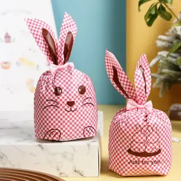 Geschenkverpackung AQ Pink Weiß kariertes Arrangement Zwei kleine Kaninchen süße braune Linie Dekor Party DIY Ribbon Kordelzug Tasche