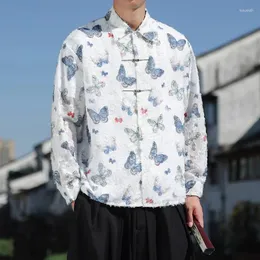 Mäns avslappnade skjortor fjäril Tassel broderi metallknappar Lossa långärmad stadsbo överdimensionerade blusar plus storlek skjorta för män